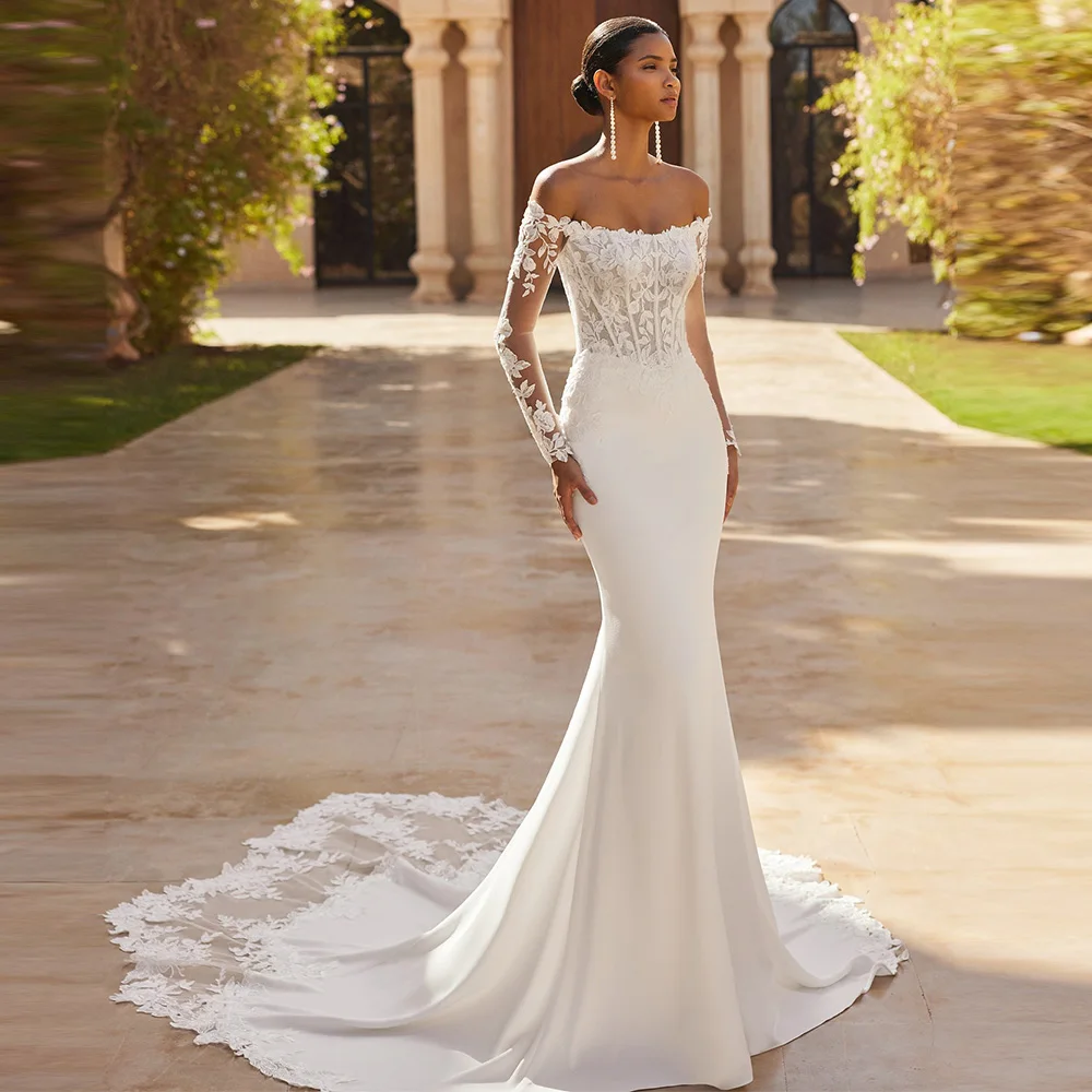 Elegante Brautkleider mit U-Boot-Ausschnitt aus Tüll, exquisite Applikationen, lange Ärmel, Robe de mariée, Meerjungfrauen-Stil, Satin, maßgeschneidertes Hochzeitskleid