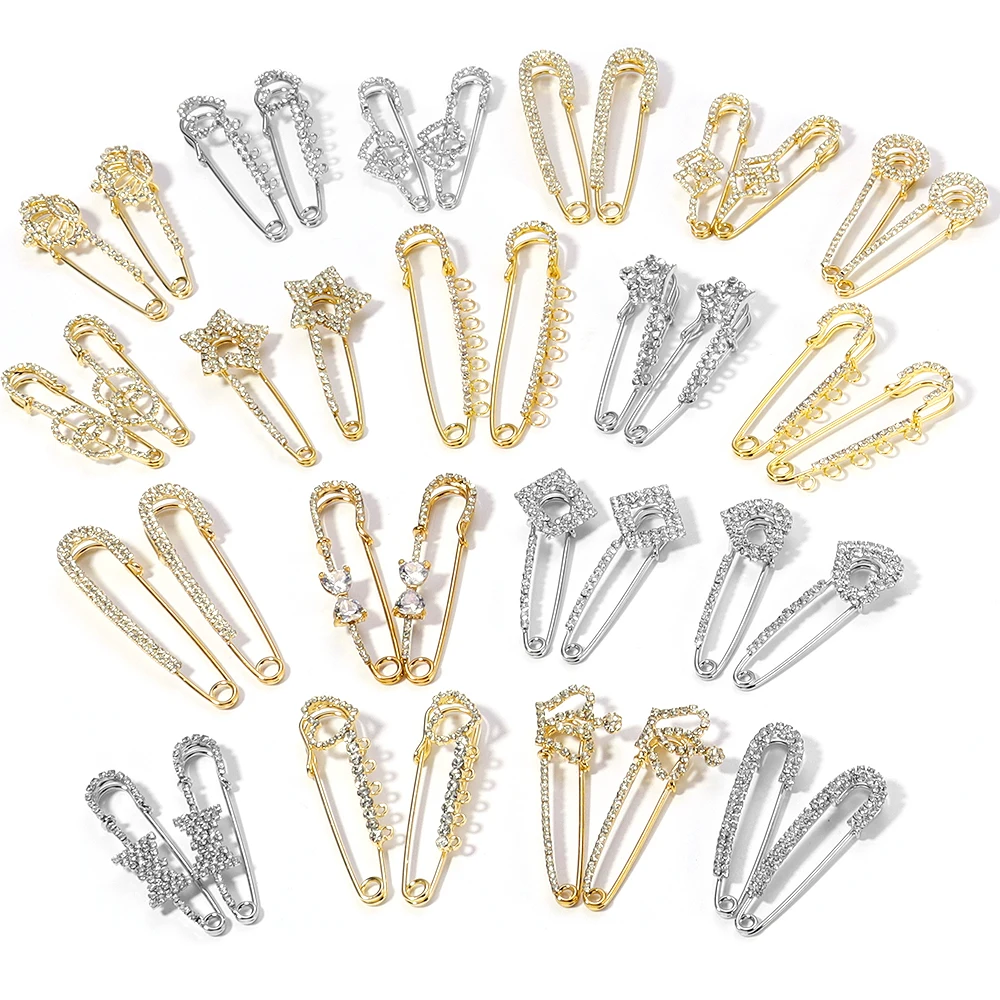 2pcs/Lots Rhinestone Gold Color Safety Brooch Pins With Loops Fitting Brooch Needle  Accessories for Women Charms Jewelry Making