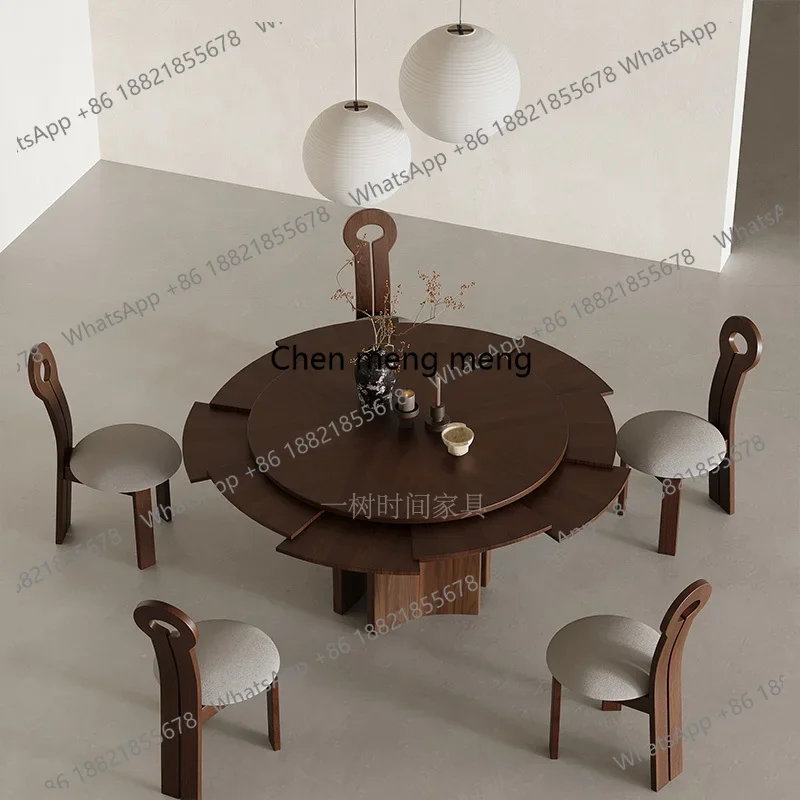 Medieval wabi-sabi wind belt turntable black walnut rotating retractable dining table solid wood variable diameter dining table