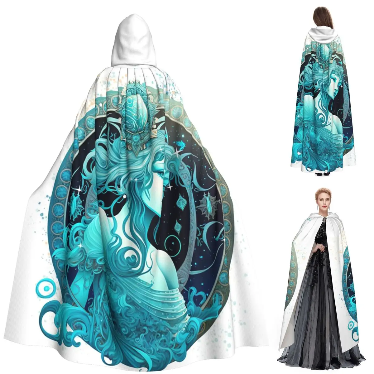 

Aquarius Zodiac Sign Symbol Long Hooded Cloak Witch Medieval Costume Cosplay Cape