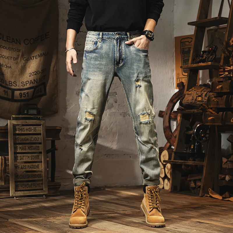 

2024 New distressed vintage jeans for men with distressed patches washed youth straight leg personalized beggar pants