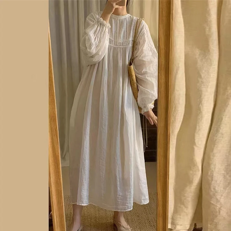 Johnature Ramie Accordion Pleats Loose Slouchy Dress Women Summer Japanese Robe Summer Sun Protection 2024 New Dresses