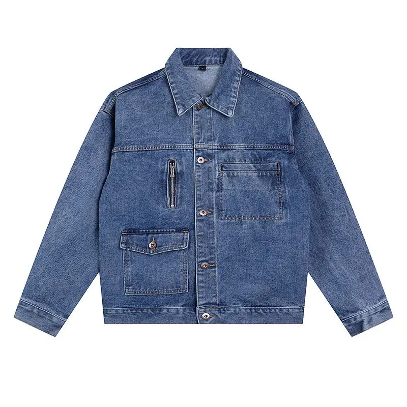 Autumn and Winter Trucker Jacket Men Retro Blue Cargo Jean Jackets Functional Pockets Washed Utility Jacket Denim Clothing
