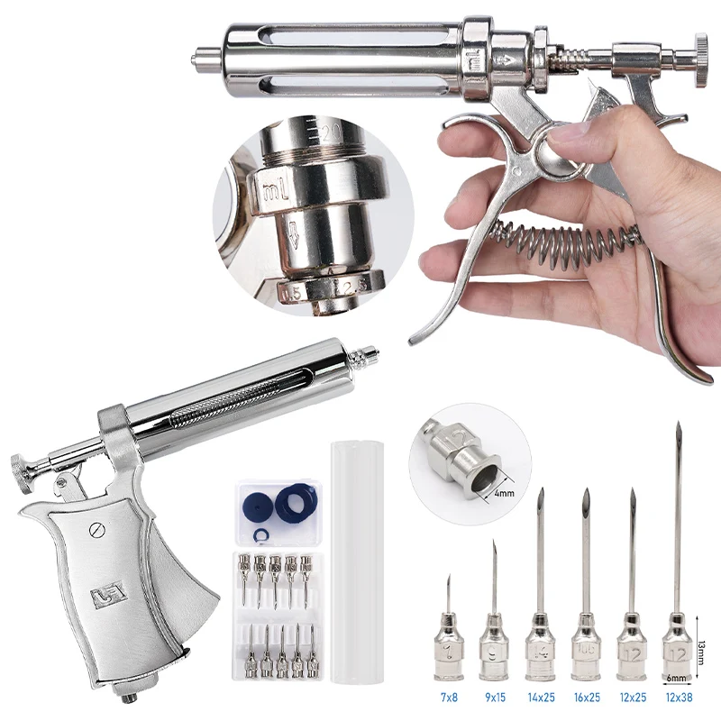 10/20/30/50ml Veterinary Semi-automatic Continuous Injector /10pcs Needle Vaccine Injector for Pig Chicken Sheep Cow