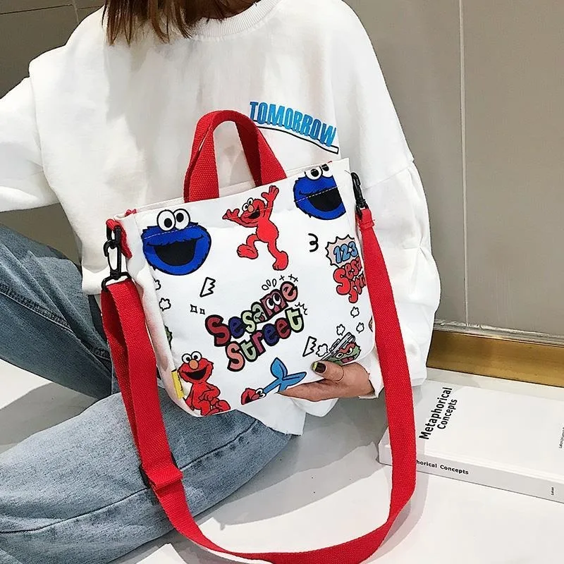 Sesame Street ELMO COOKIE MONSTER creative cartoon one-shoulder cross-body canvas cute printed zipper versatile small square bag