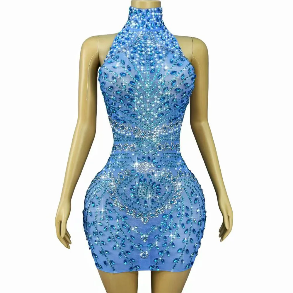 

Sexy Blue Elegance Shining Rhinestones Cultivation Mesh Dress Women Birthday Party Celebrate Evening Gowns Show Stage Outfit