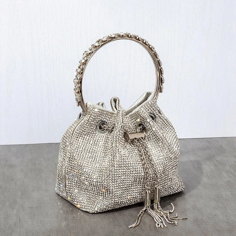 

Diamonds Tassel Evening Clutch Bag Women Luxury Designer Chain Metal Ring Handle Shiny Crystal Bucket Purse Bridal Wedding Party