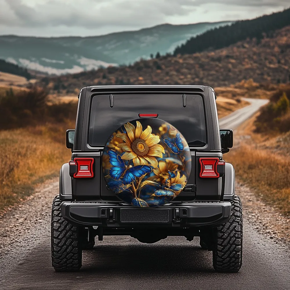 Sunflower Butterfly Tire Cover For SUV Truck Waterproof Outdoor Spare Wheel Protector