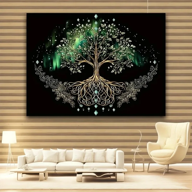 1  Mandala l Árbol  la Vida con Luna y Estrellas - Elegante y Dorado, Colgante Espiritual para Pared, Vibrante Tela