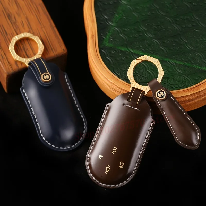 

High-End Personality Genuine Leather Key Case Cover Protective Shell Bag Keychain For AITO M5 M7 M9 2024 Car Accessories