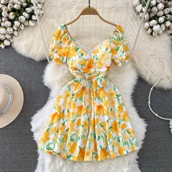 Summer Sweet Floral Print Women's Dress 2023 Korean Fashion V Neck Short Sleeve Hgh Waist Slim A Line Mini Party Dress Vestidos