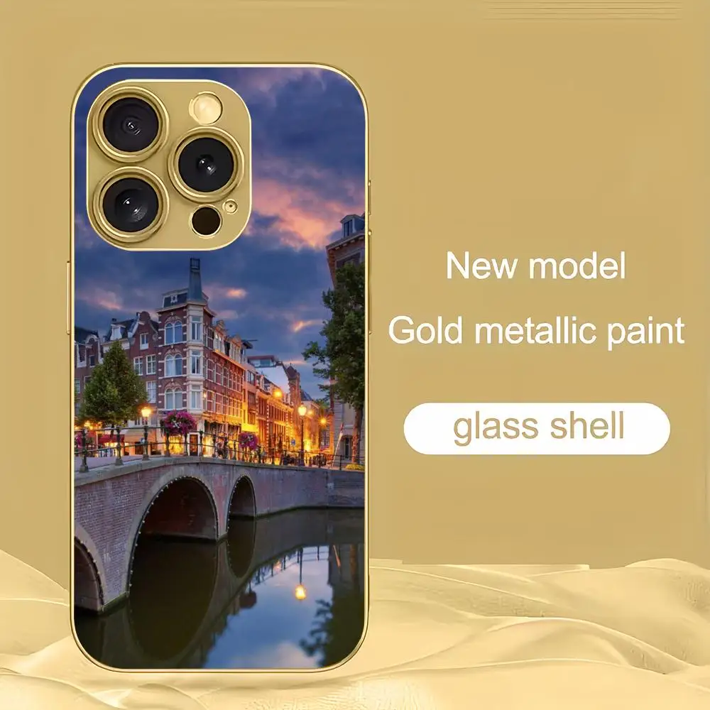 

European town street scene Phone Case Gold-plated glass phone case for iPhone 17/16/15/14/11/12/13 Pro Max