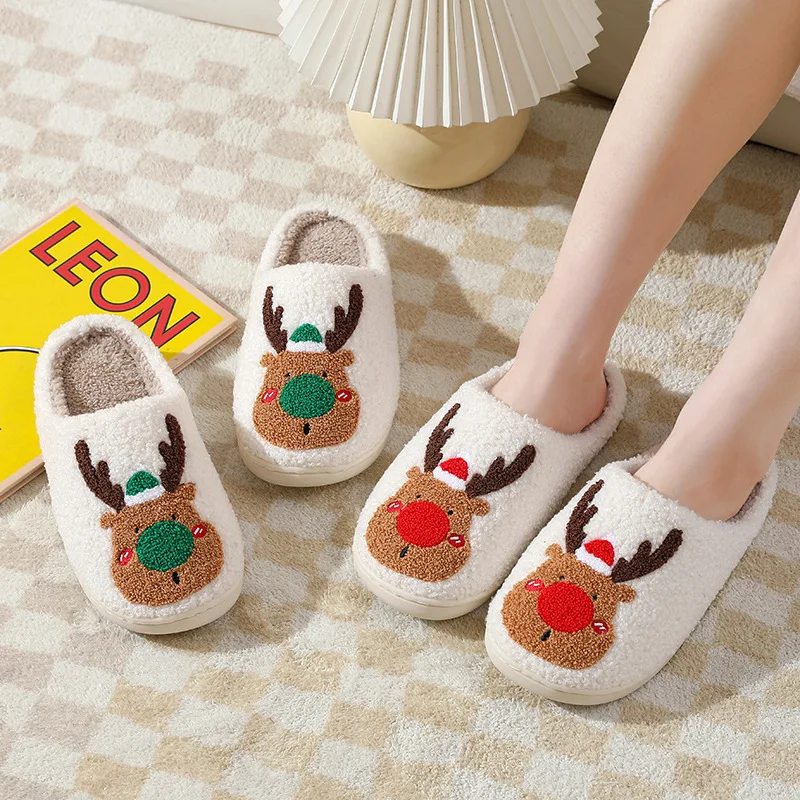 Christmas Elk Furry Deer Winter Cute Cotton Warm Women Slippers Slides Washable Indoor Coral Fleece Slipper Soft Plush Platform