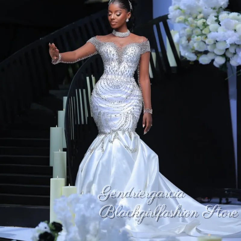 Luxury White Fishtail Wedding Dresses High Neck Crystal Beaded Satin South Africa Bridal & Floor Customised robe de mariée