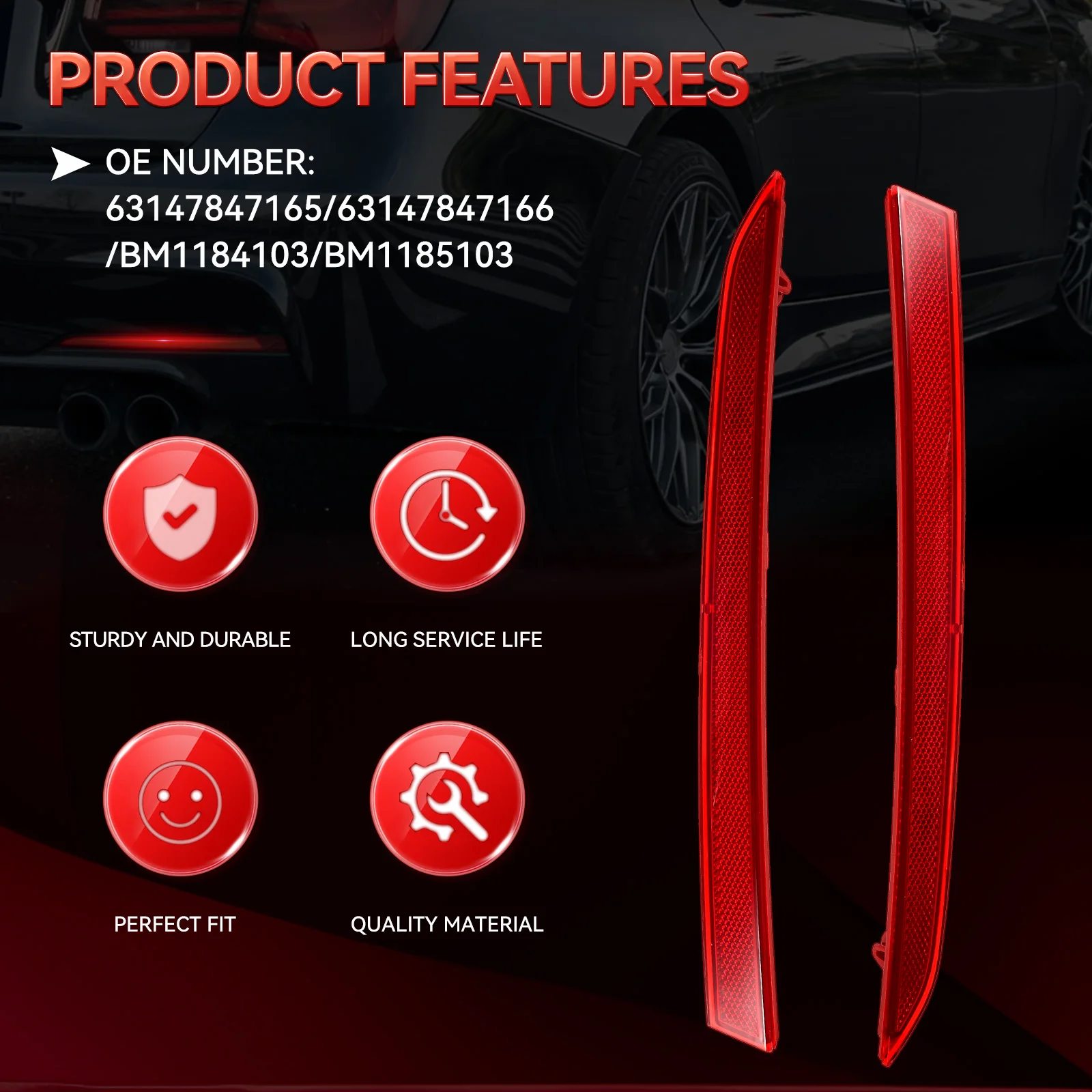 Pair Left Right Rear Bumper Reflectors  For BMW F30 F31 3 Series M Sport 328i 2012 2013-2017 Red Lens 63147847166 63147847165