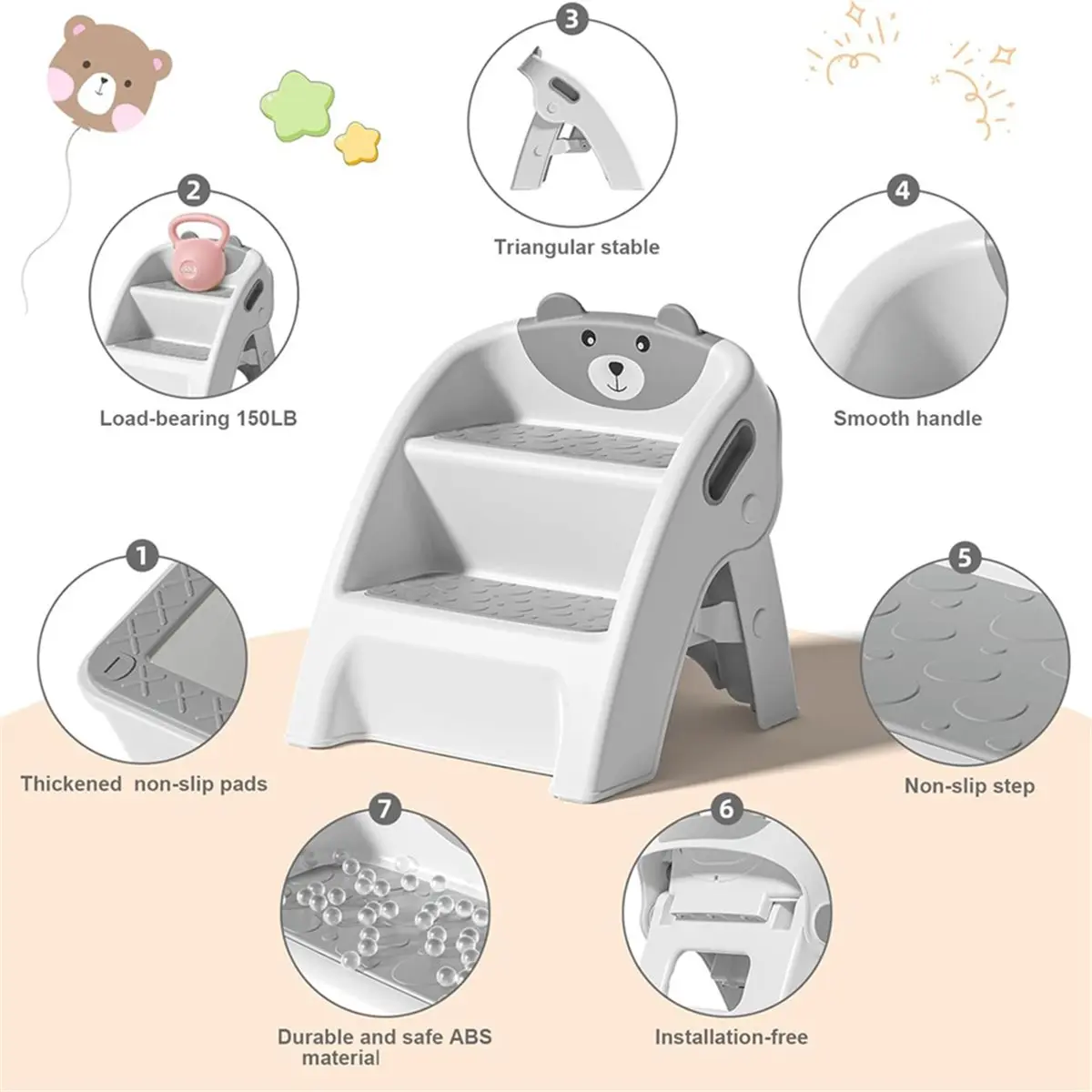 Folding Toddler Step Stool for Bathroom and Potty Training,Anti-Slip, Anti-Tip A-Frame Design with 10-Second Setup