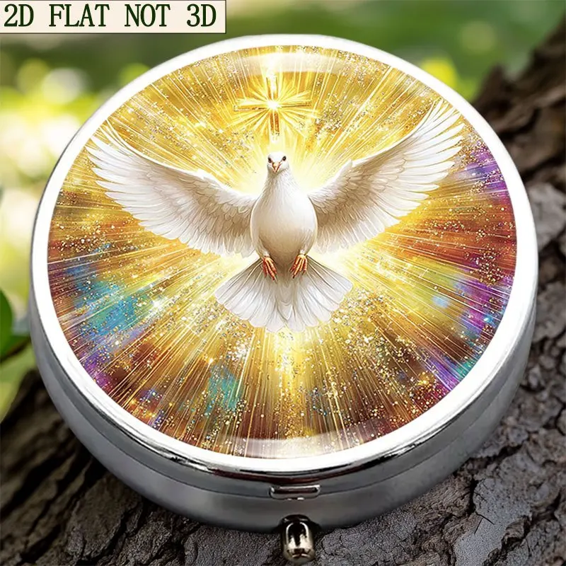 Round Portable Pill Box with 3 Compartments, Elegantly Designed Flat Pill Case Decorated with a Tranquil Dove Pattern, Exuding a Divine Glow Yh000032 This Compact Pill Box Features a Solemn Peace Dove Design, Symbolizing Harmony and Hope, Making It an Ideal Choice for Those Who Value Organization and Tranquility - 3-Compartment Portable Design, Decorative Travel Gift, Suitable for Both Men and Women, Metal Mini Pill Box, Unique Travel Gift.