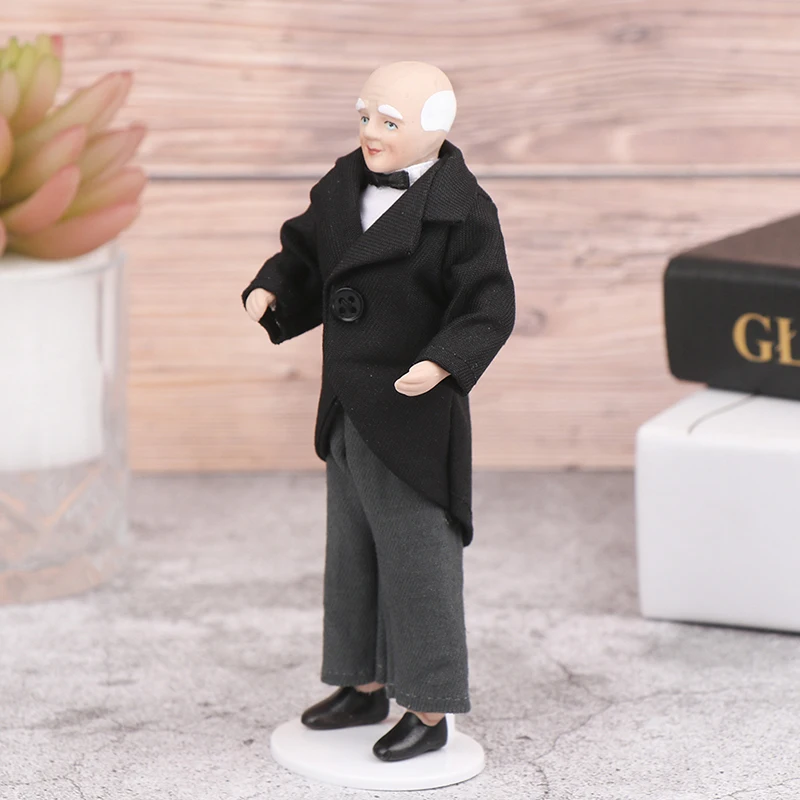 Hot Sale 1:12 Dollhouse Miniature Porcelain Doll Model Old Man Servant Butler Doll Toy