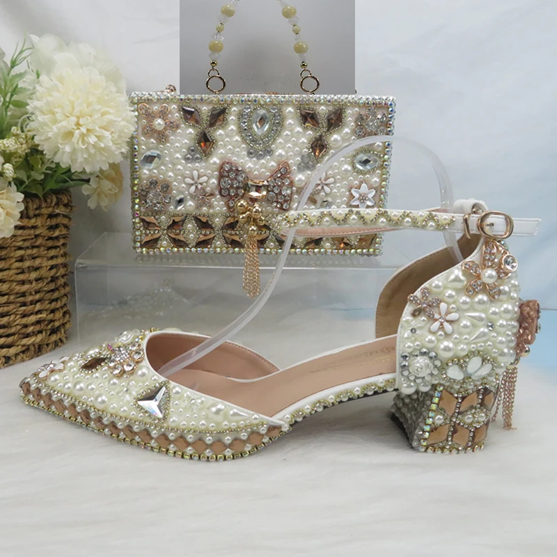 2021 new luxury crystal wedding shoelace bag female 5cm thick heel high heel sandals ladies party pointed shoe bag