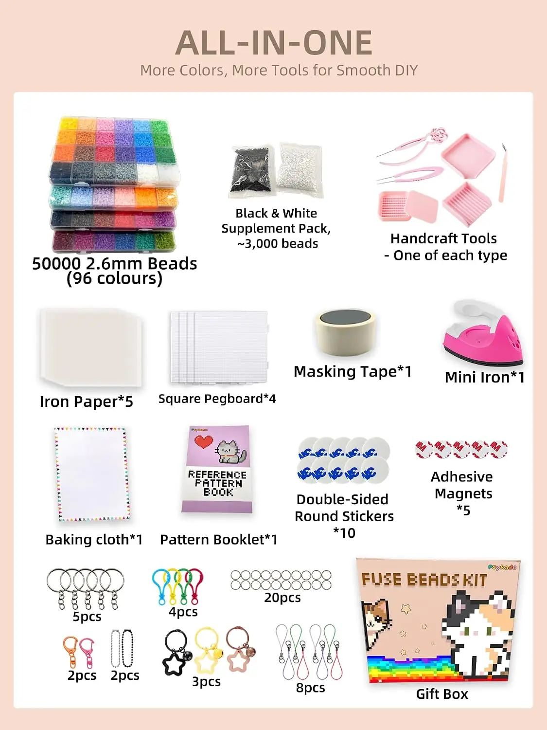 Fuse Beads Kit-Easy DIY-96 Colors 53000 2.6mm, 200+ Patterns, Built-in Iron | DIY Crafts Supplies for Women, Art Decorations for Room, Ideal Gift,Pixel Art，All-in-One view 6