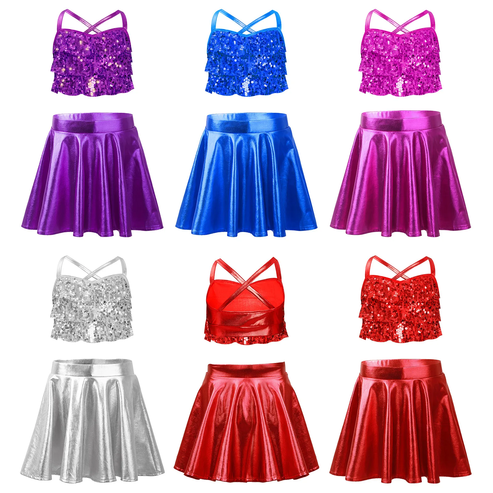 

Kids Girls Modern Jazz Latin Ballet Dance Costume Shiny Sequins Crop Top with Pleated Skirts Competition Performance Dancewear