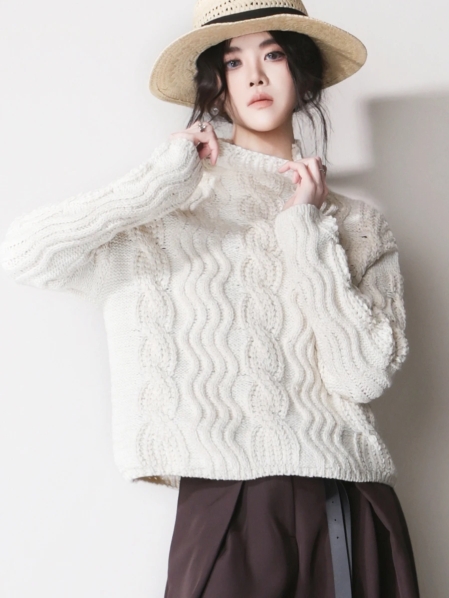 

Ретро-свитер F3 с высоким воротником, ажурными 3D-волнообразными полосами, завышенной талией и спущенными плечами, универсальный, простой, в стиле ретро, трикотажный.