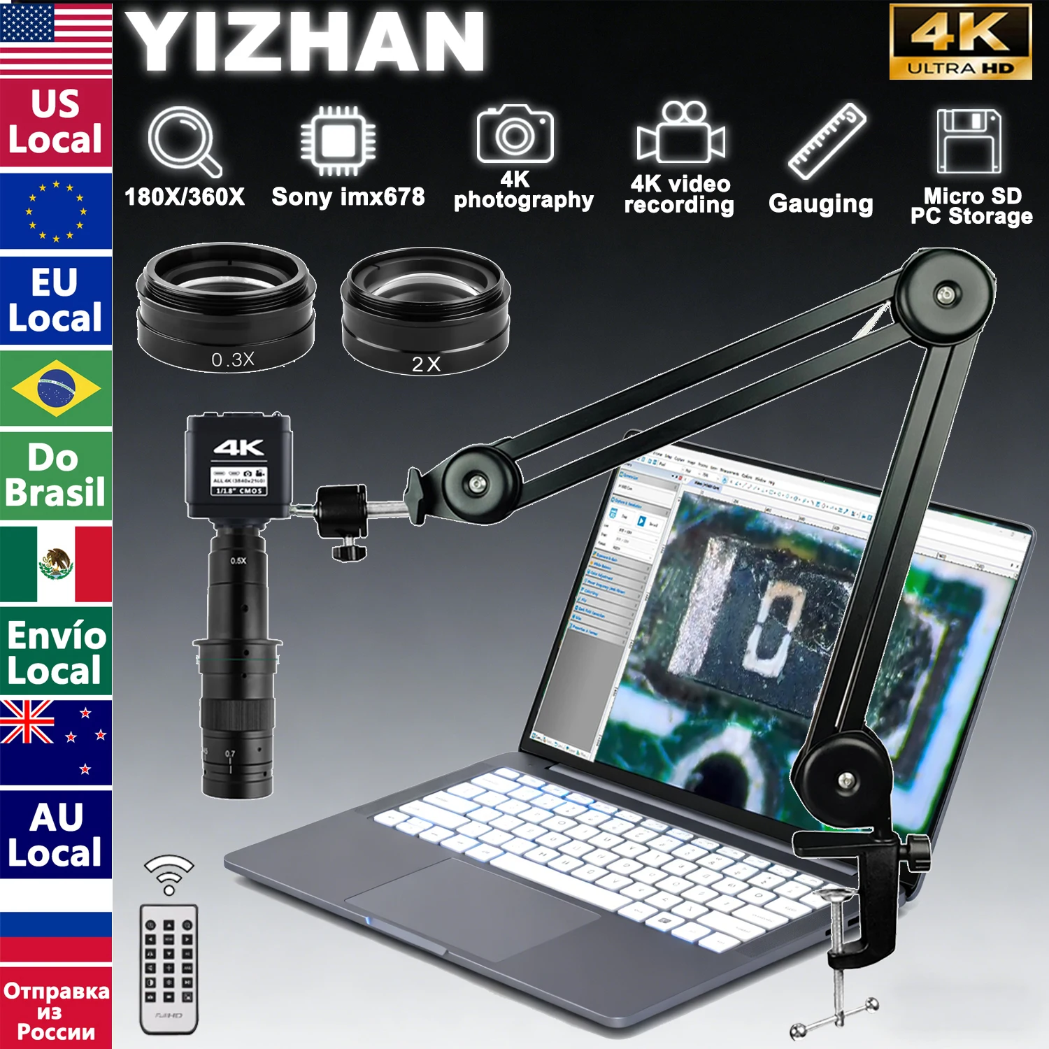 YIZHAN 4K Digital Microscope, 1/1.8in IMX678 Sensor Electronic Microscope 180X 360X Zoom C-Mount Lens Reinforced Folding Bracket