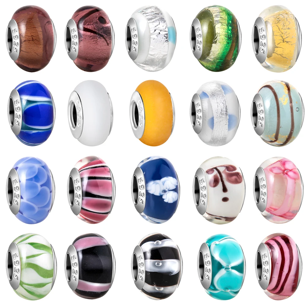 

925 Sterling Silver Blue Sky & White Cloud Murano Glass Beads Charm for Original Bracelet Necklace Pink Flower Luye Murano Bead