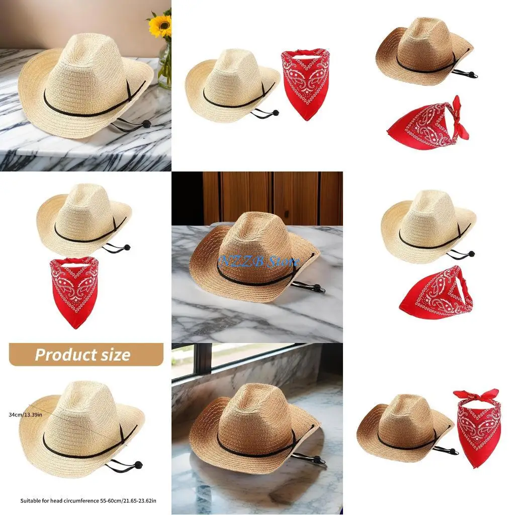 

T21F Handwoven Straw Hat for Female with Print Bandanas Fashion Panama Hat Music Festival Cowgirl Hat for Seaside Travel