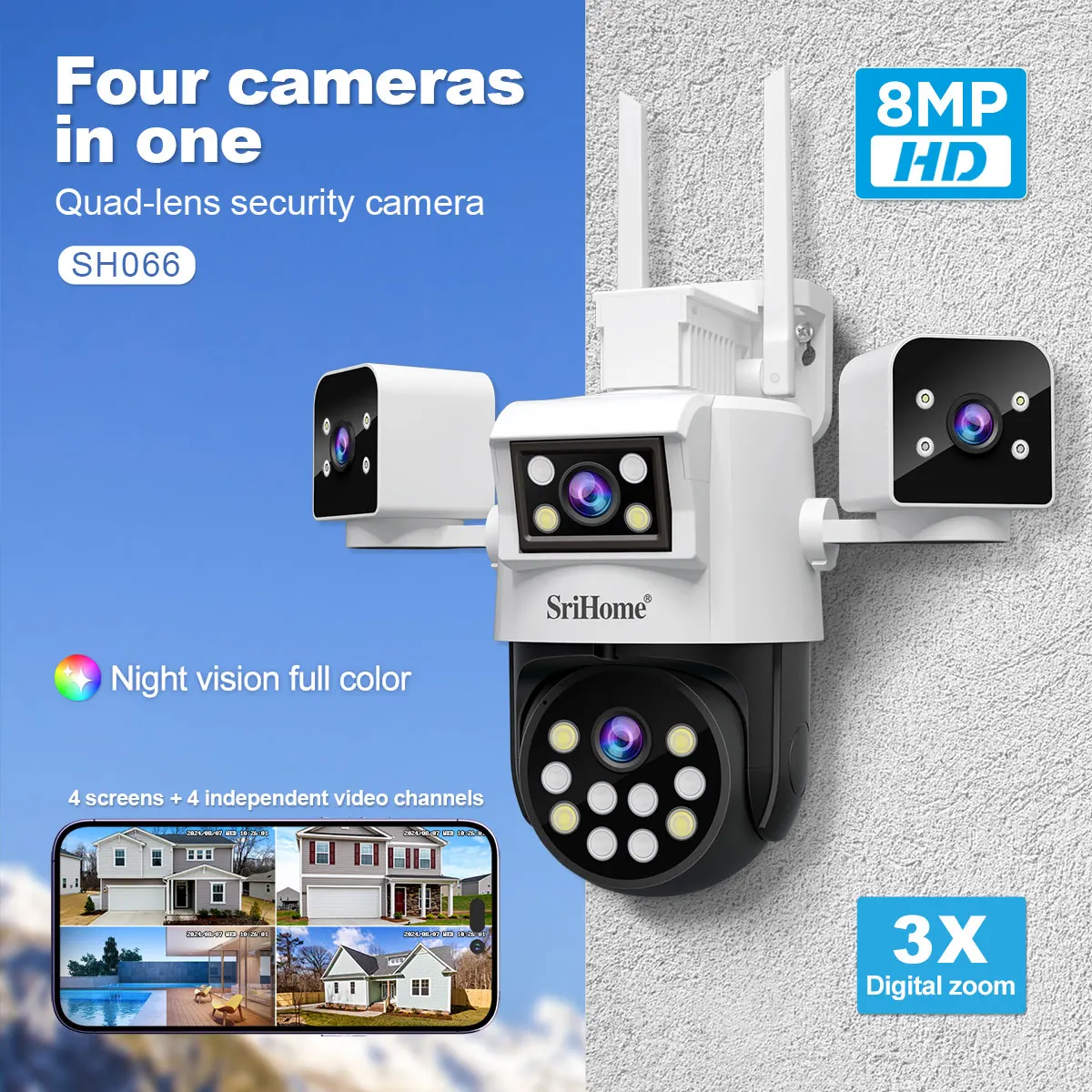 

Srihome SH066 Four Screens WiFi IP Camera Wireless Outdoor 3X Optical Zoom Five Lens PTZ Auto Tracking Waterproof CCTV Camera
