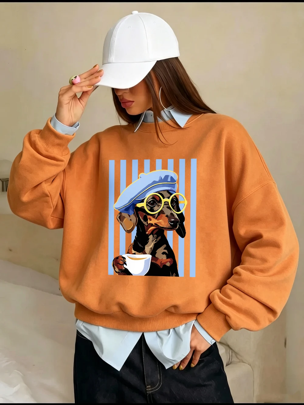 Dackel-Illustrationsdrucke, Sweatshirts für Damen, Winter-Fleece, warme Kapuzenpullover, Rundhalsausschnitt, lockere Oberteile, Basics, sportliche Damenbekleidung