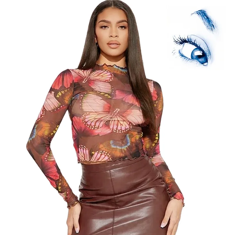 محطة مستقلة شبكة فراشة الطباعة قصيرة الأكمام تي شيرت المرأة الاتجاه الأعلى T-shirt2025 جديد #1