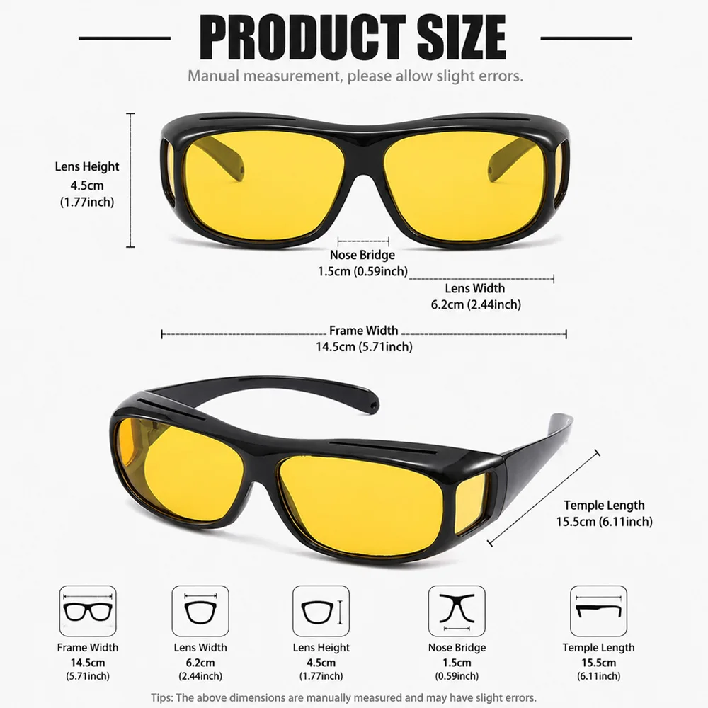 Kcimo Day & Night Anti-Glare Sunglasses Fit Over Prescription Glasses Windproof Eyewear 2 Colors Optional For Driving Outdoor