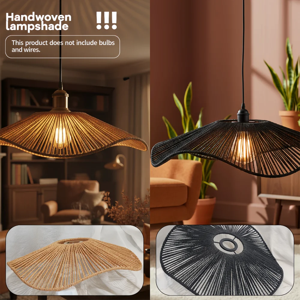 Bohemian Handwoven Rattan Pendant Lamp Shade, Rustic Wavy Lampshade for Kitchen Island, Dining Room, Bedroom, Fits E26/E27 Base,