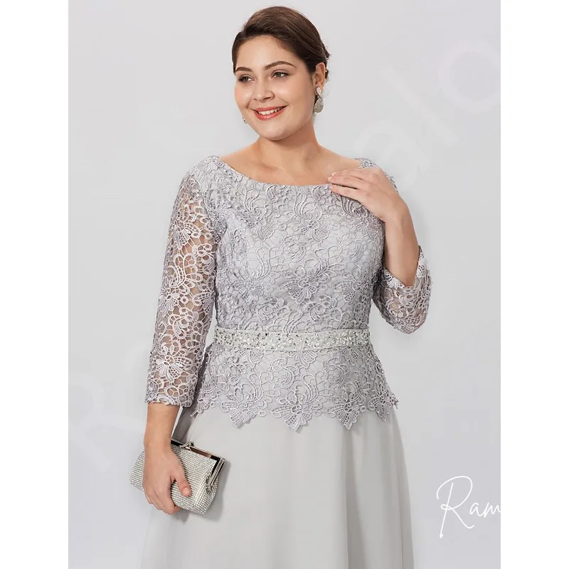 Customized Silver Grey Long Sleeve Floor-Length Dress with Lace Bodice Waistband Plus Size Mother of the Bride or Groom Dresses