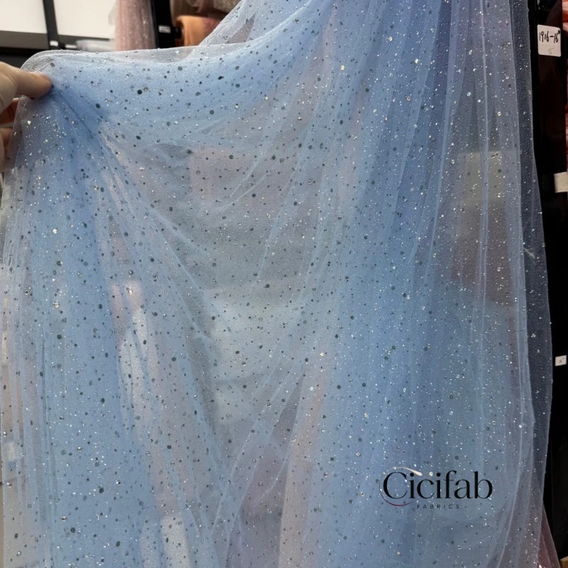 Starry Tulle Fabric Sheer Mesh with Fine Glitter Mixed Rhinestones for Wedding Dress Evening Gown Backdrop Dessert Table Decor