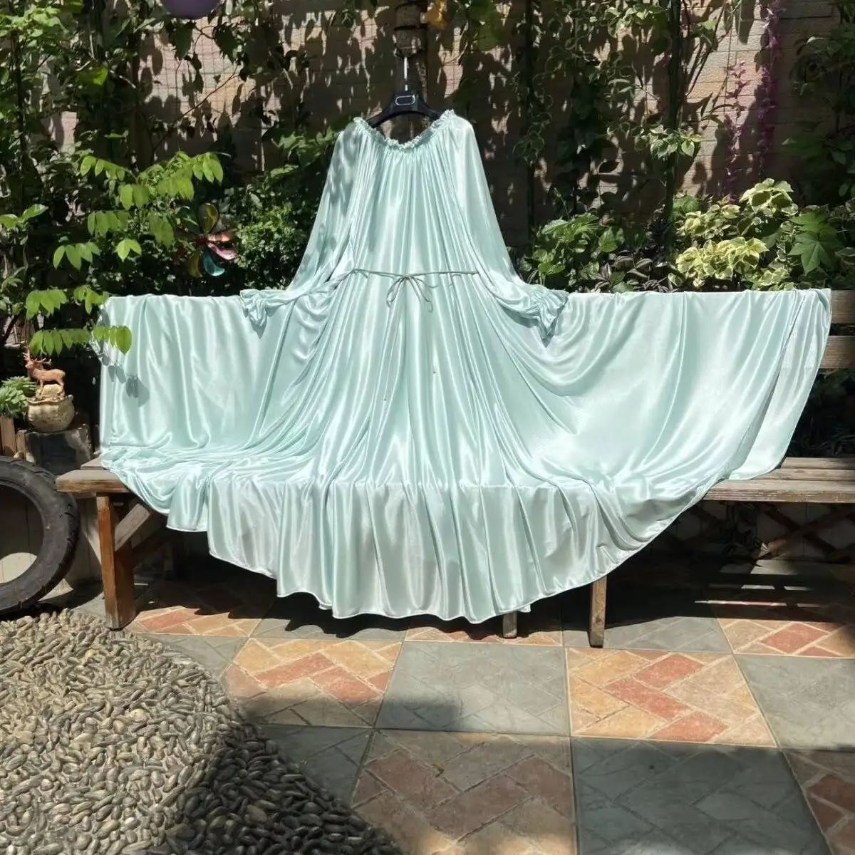 

Glossy Women Ruffles Satin Long Sleeve Dress Loose Maxi Dress Plus Size Sleeping Pajamas Robe