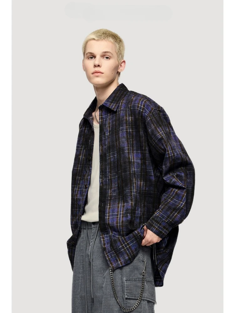 

Men's Dirty Dyed Plaid Shirt 2024 Autumn and Winter Fashion Trend New Product, Dirt Fit Loose Plaid Long Sleeved Shirt