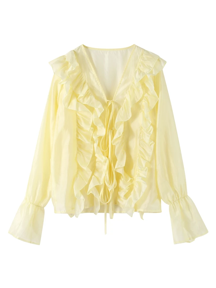 

Women's Shirts Chic Ruffle Hollow Lace Up Chiffon V-neck Flare Sleeve Blouse Female 2025 Spring New Elegant Solid Lady Outwears