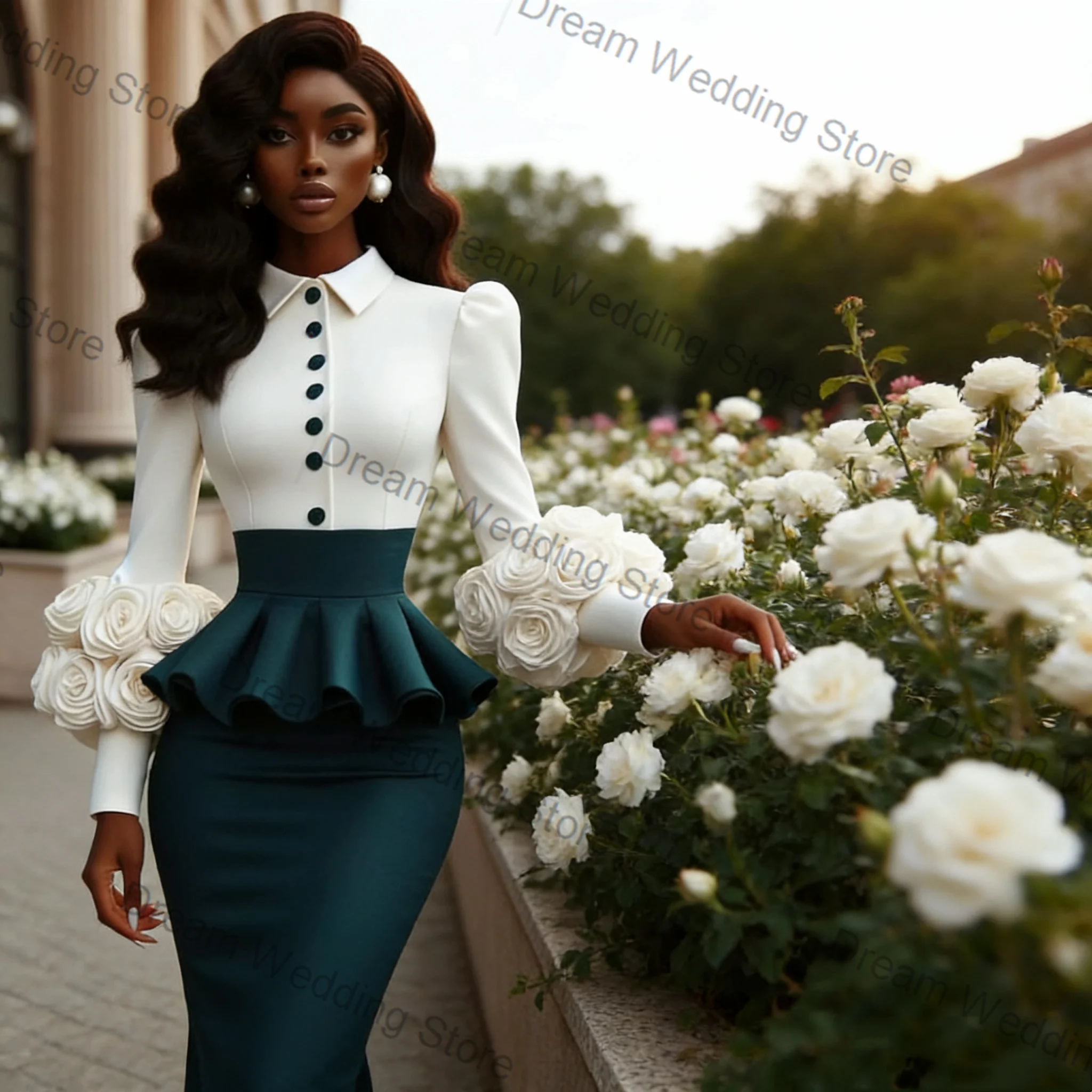 

White Green Women Suit Set 2 Pcs Blazer+Prom Dress 3D Flower Ruffles Formal Office Lady Jacket Customized Wedding Guest Coat