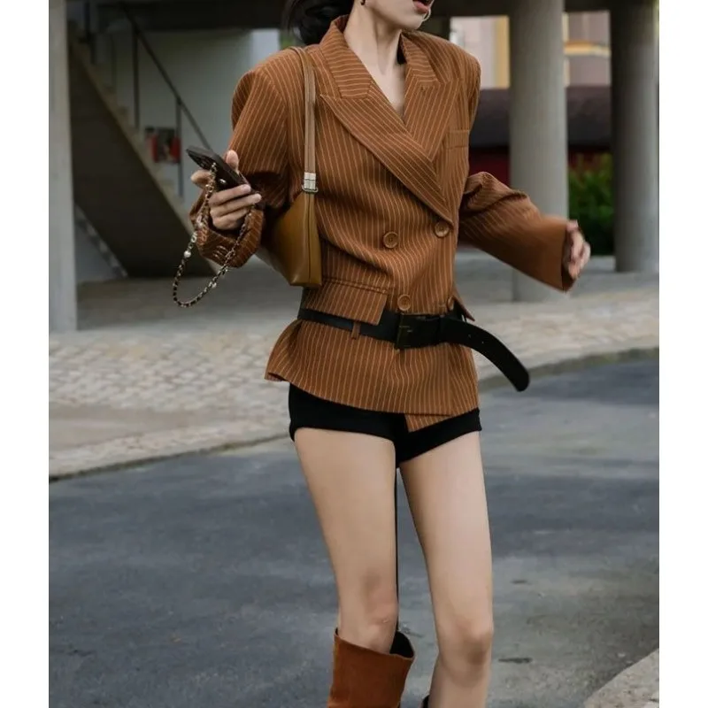 韓国風ストライプカジュアルスーツジャケット、ルーズフィット、ダブルブレスト、ウエスト（タイウエスト）、レトロ、通勤に適したトップス