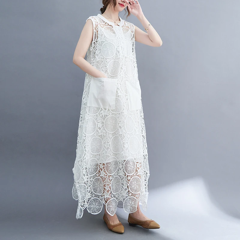 Retro Embroidered Lace Dr plus Size Summer New Loose Vest Skirt Two-Piece Set Korean Sle round Ne Hollow out Svel
