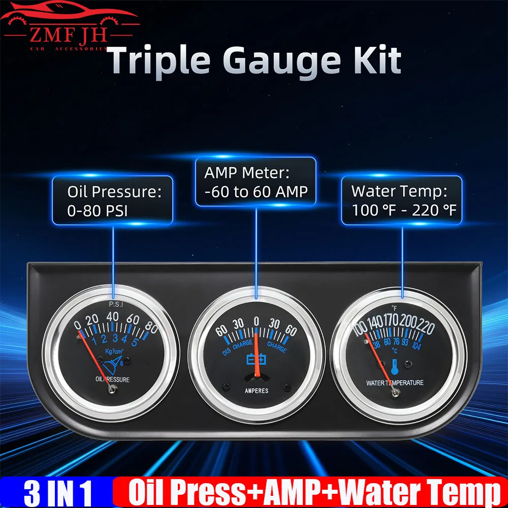 

Car Triple Meter 3IN1 52mm Oil Pressure Gauge+AMP Meter+Water Temperature Meter with Sensor Bracket for Gasoline Car 12V Custom