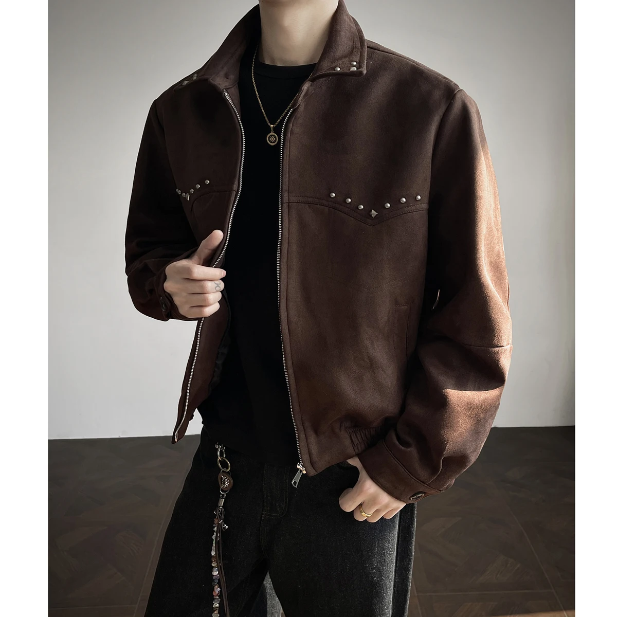Spring Suede Rivet Design Jacket for Men's Retro Casual Business Leather Jacket Loose Streetwear Social Overcoat Men Clothing