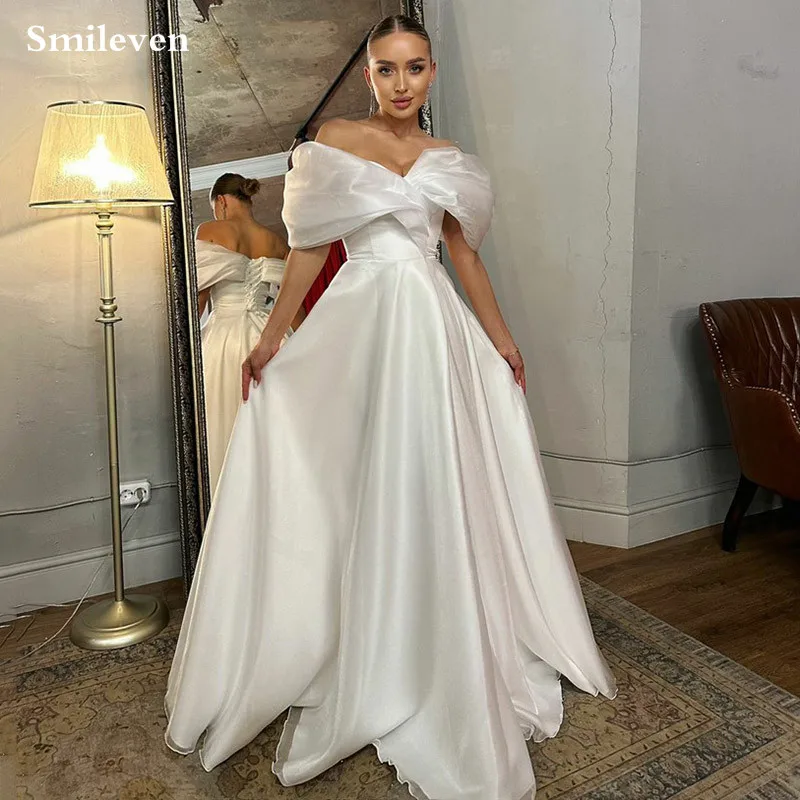 Smileven Satin Princess Wedding Dresses A Line Off The Shoulder Bride Dress Soft Vestido de novia Soft Wedding Gowns