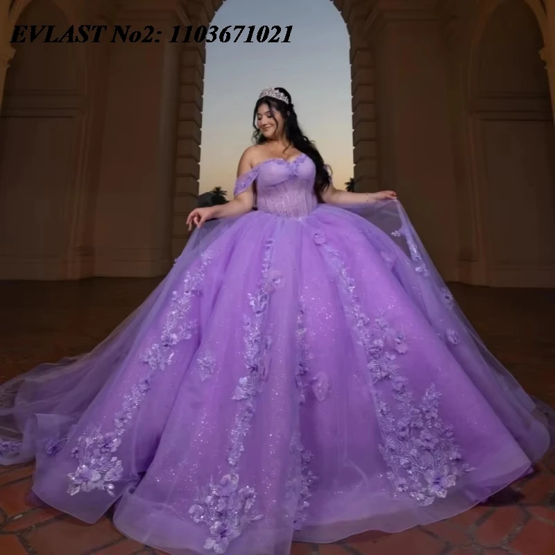 

EVLAST индивидуальное мексиканское сиреневое платье Quinceanera, бальное платье с цветочной кружевной аппликацией и бантом из бисера, Sweet 16, Vestidos De 15 Anos E2Q11