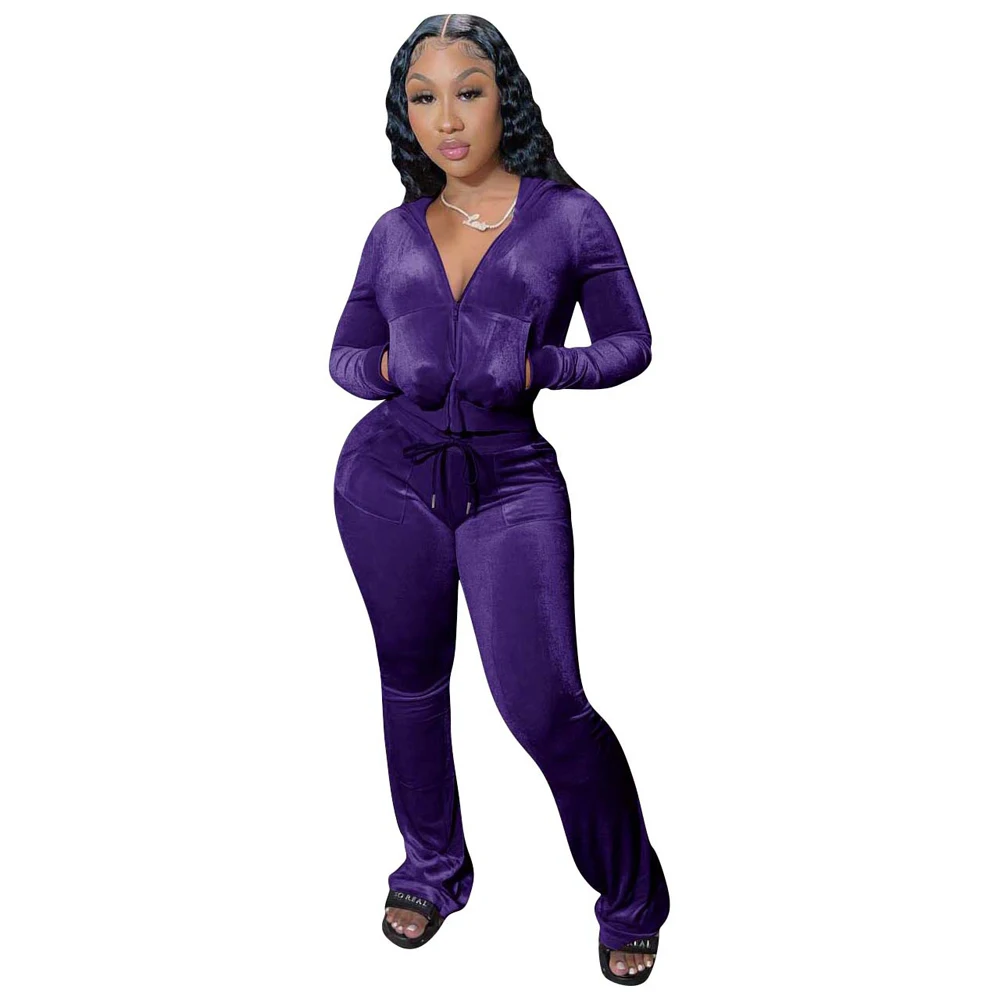 JENYAGE Damen Y2K Einfarbiger Velours Zweiteiler Trainingsanzug mit Reißverschluss-Kapuzenjacke und ausgestellter Hose mit Kordelzug, lässiger Jogginganzug – Detail 6