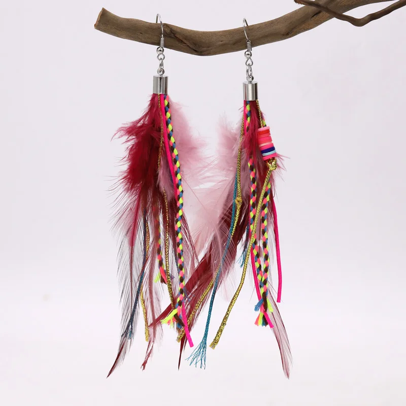 Colorful Feather Earrings for Women Bohemian Handmade Jewelry Wholesale Long Tassel Clay Beads Drop Earrings Female Girls Gifts