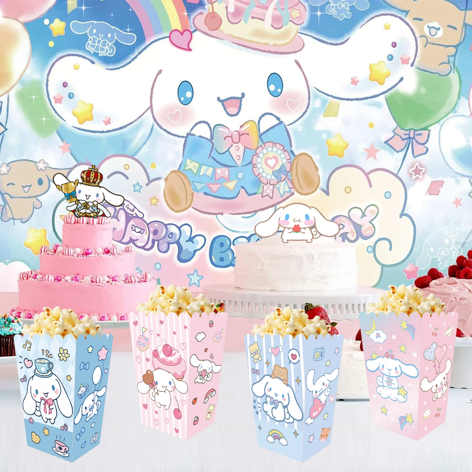 12/24 قطعة لوازم الحفلات سينامورول صندوق الفشار حمام الطفل صندوق البسكويت حفلة مرحبا كيتي موضوع حفلة عيد ميلاد عبوة طعام