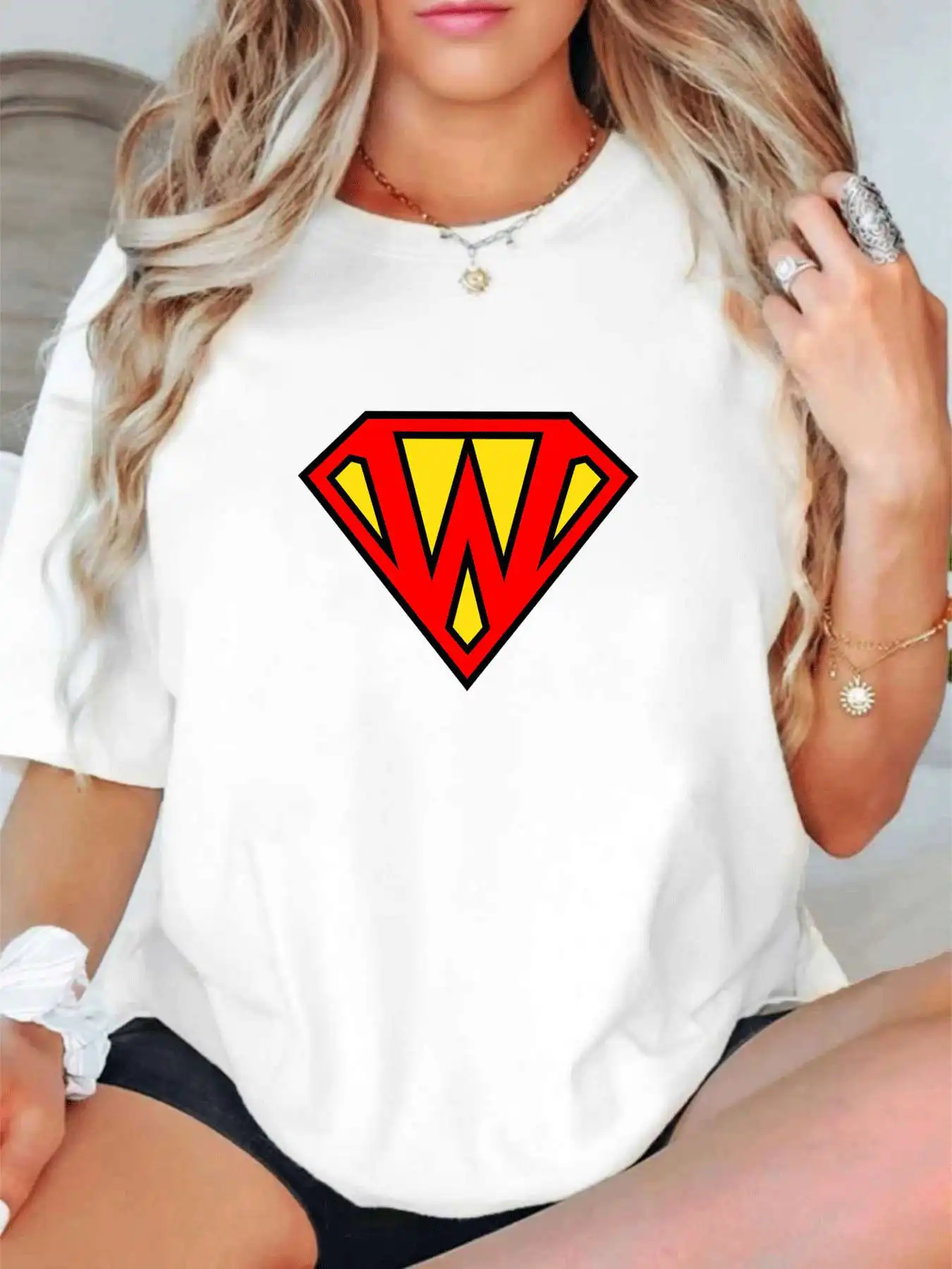 

【1141934】Plus size women's round neck short sleeve T-shirt with elastic half sleeves and trendy prints